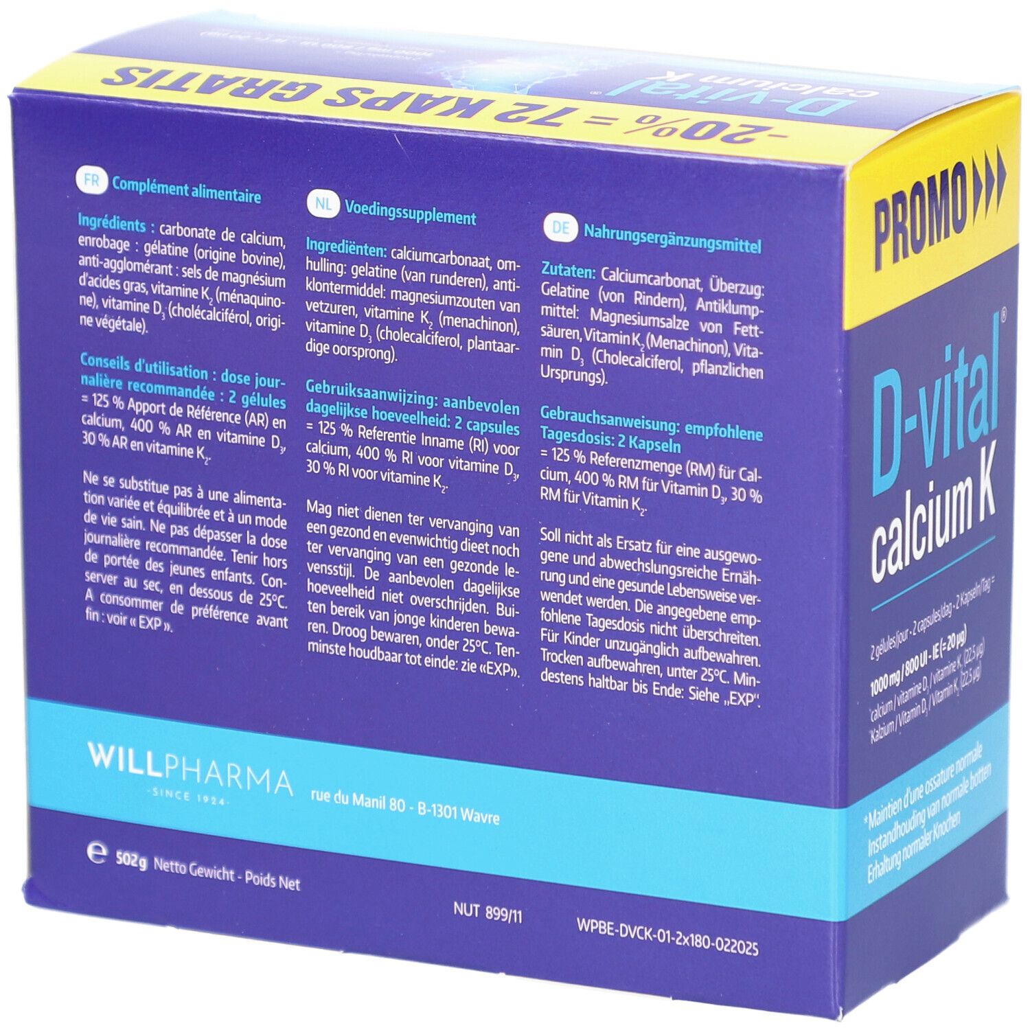 Dos de l'emballage D-Vital Calcium K. Contient des informations sur les ingrédients, le mode d'emploi et les valeurs nutritionnelles.