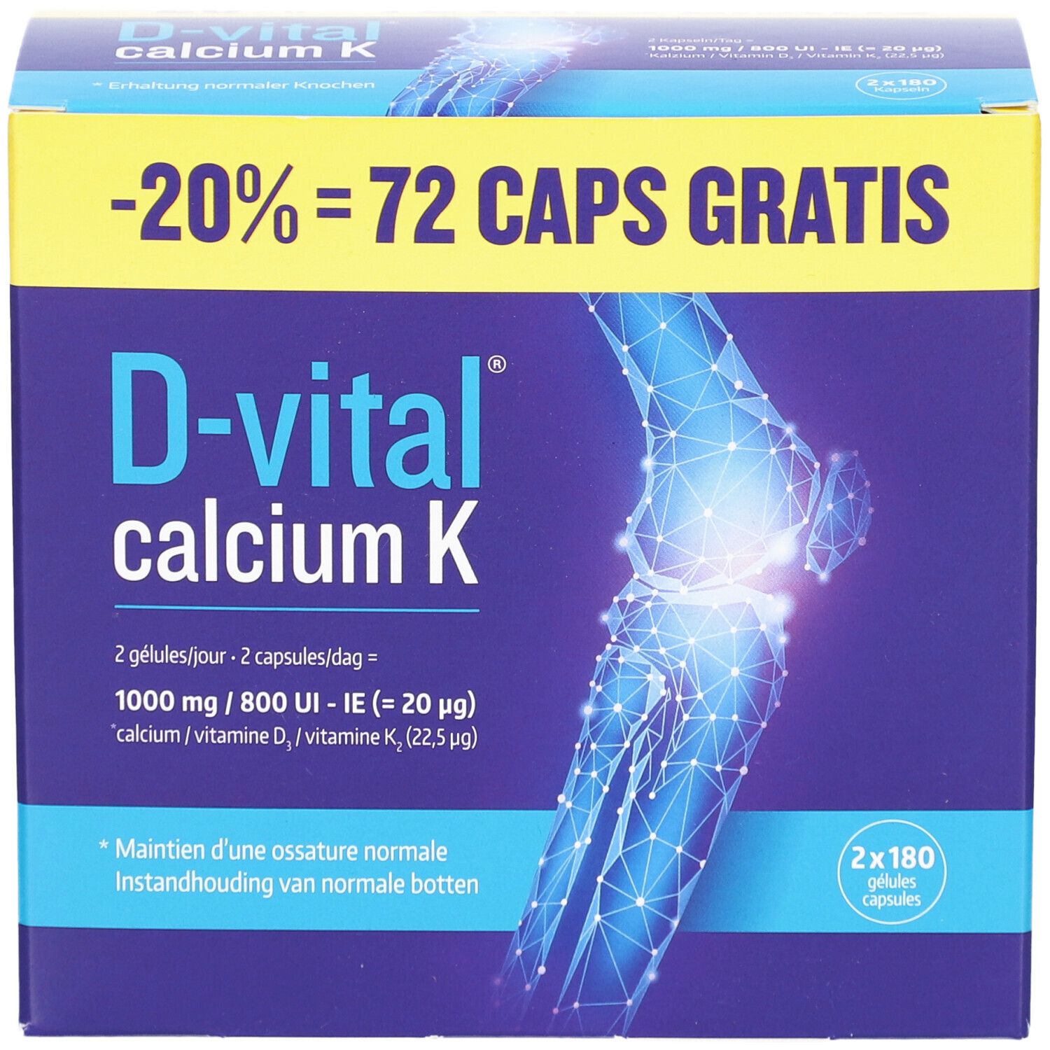 Pack promotionnel D-Vital Calcium K. Boîte avec informations produit et illustration d'os. Contient 2x180 gélules.