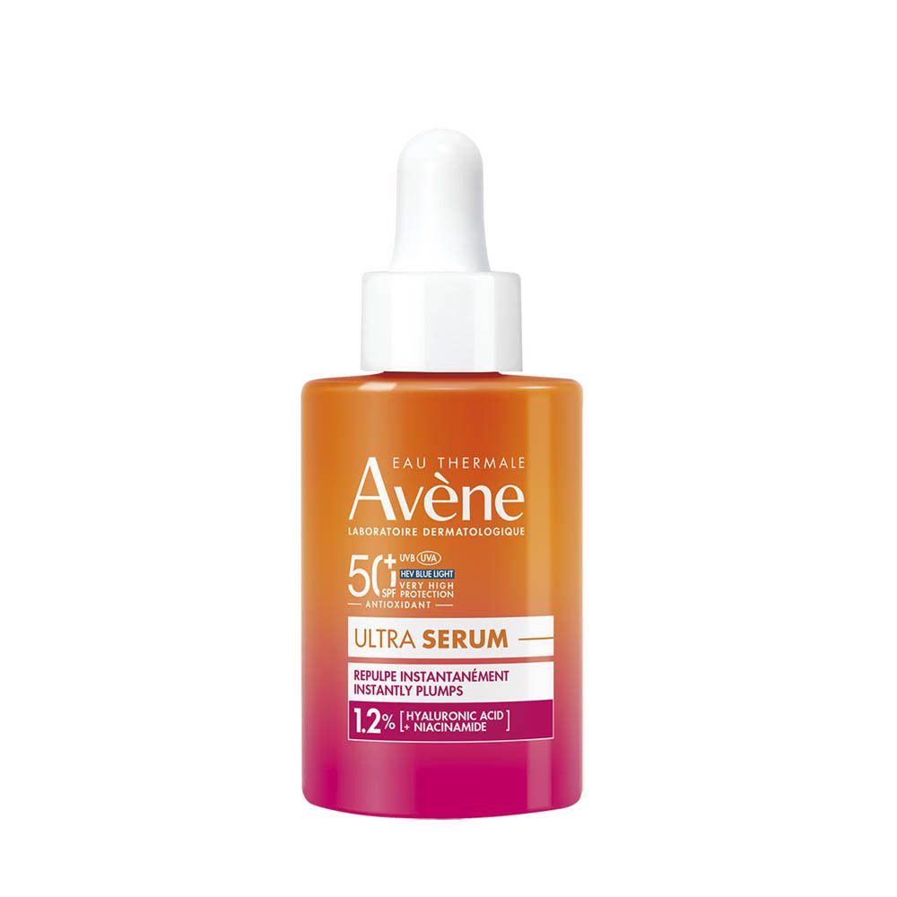 Flacon Avène Solaire Ultra Sérum SPF50+. Dégradé orange-rose, pipette, logo et texte.