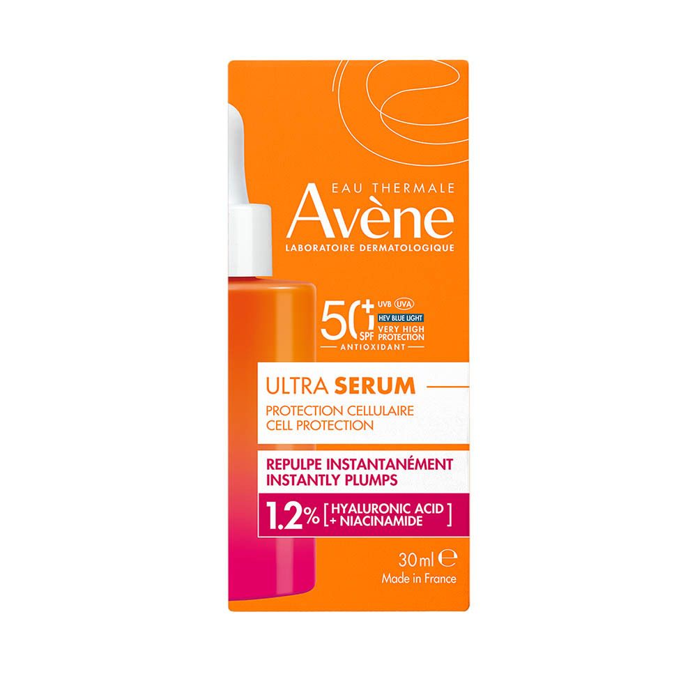 Flacon Avène Solaire Ultra Sérum SPF50+. Dégradé orange-rose, pipette, logo et texte.