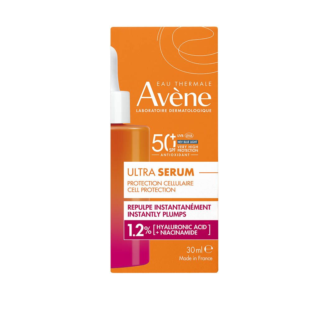Flesje Avène Solaire Ultra Serum SPF50+. Oranje-roze verloop, pipet, logo en tekst.