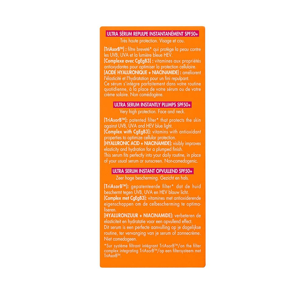 Flacon Avène Solaire Ultra Sérum SPF50+. Dégradé orange-rose, pipette, logo et texte.