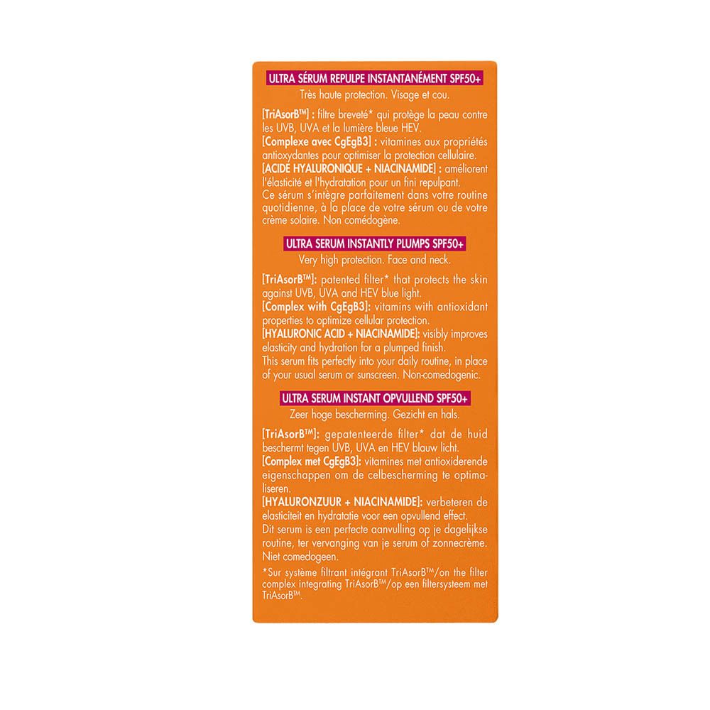 Flesje Avène Solaire Ultra Serum SPF50+. Oranje-roze verloop, pipet, logo en tekst.