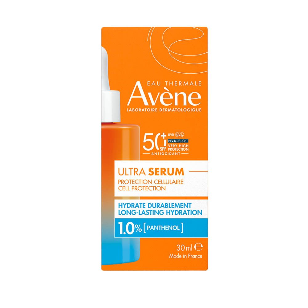 Flacon avec pipette. Marque et nom visibles. SPF50+.