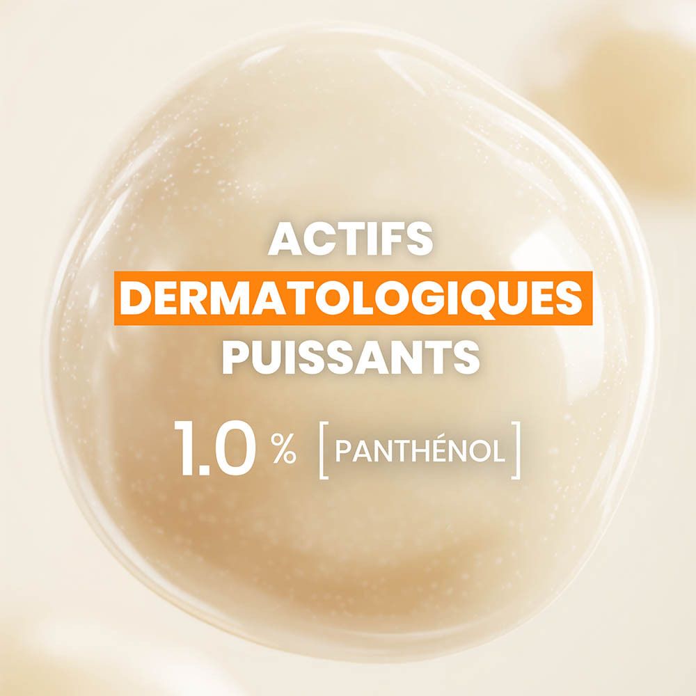 Flacon avec pipette. Marque et nom visibles. SPF50+.