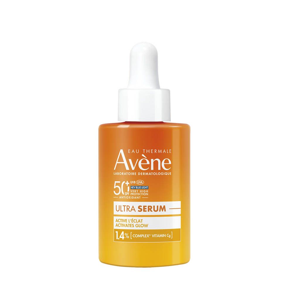 Flesje Avène Solaire Ultra Serum SPF50+. Met pipet, witte achtergrond.