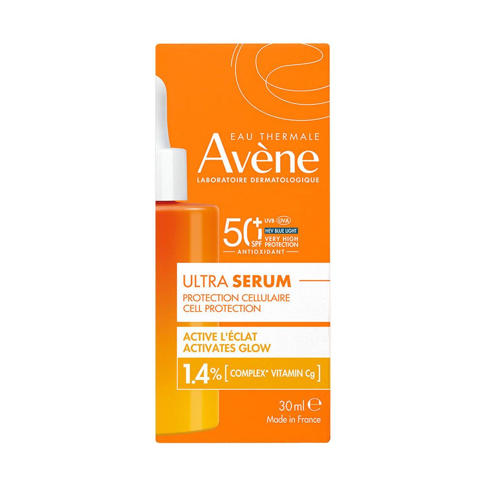 Flesje Avène Solaire Ultra Serum SPF50+. Met pipet, witte achtergrond.