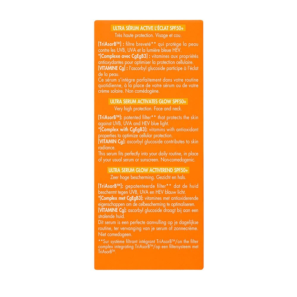 Flesje Avène Solaire Ultra Serum SPF50+. Met pipet, witte achtergrond.