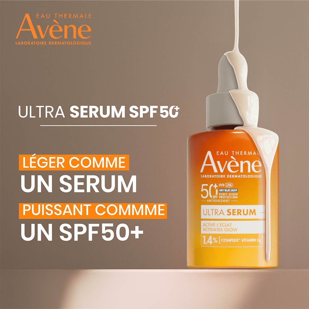 Flacon Avène Solaire Ultra Sérum SPF50+. Sérum coulant sur le flacon.