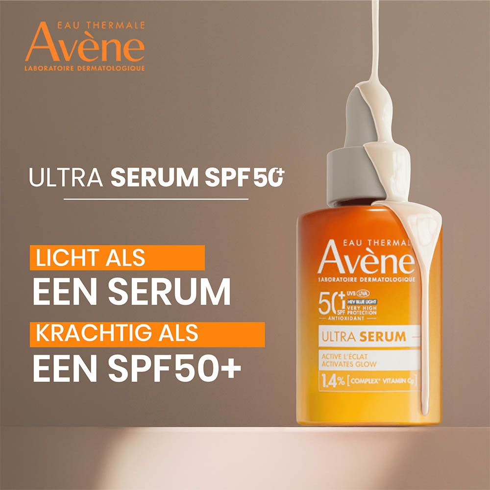 Flesje Avène Solaire Ultra Serum SPF50+. Serum druppelt op de fles.