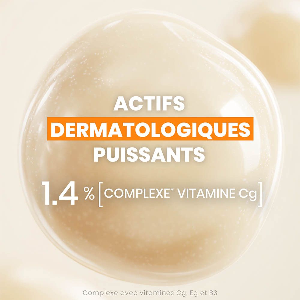 Gros plan: Actifs dermatologiques. 1,4% [COMPLEXE* VITAMINE Cg].