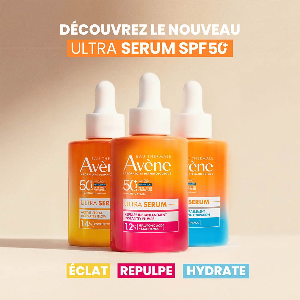 Trois flacons Avène Solaire Ultra Sérum SPF50+. Couleurs différentes.