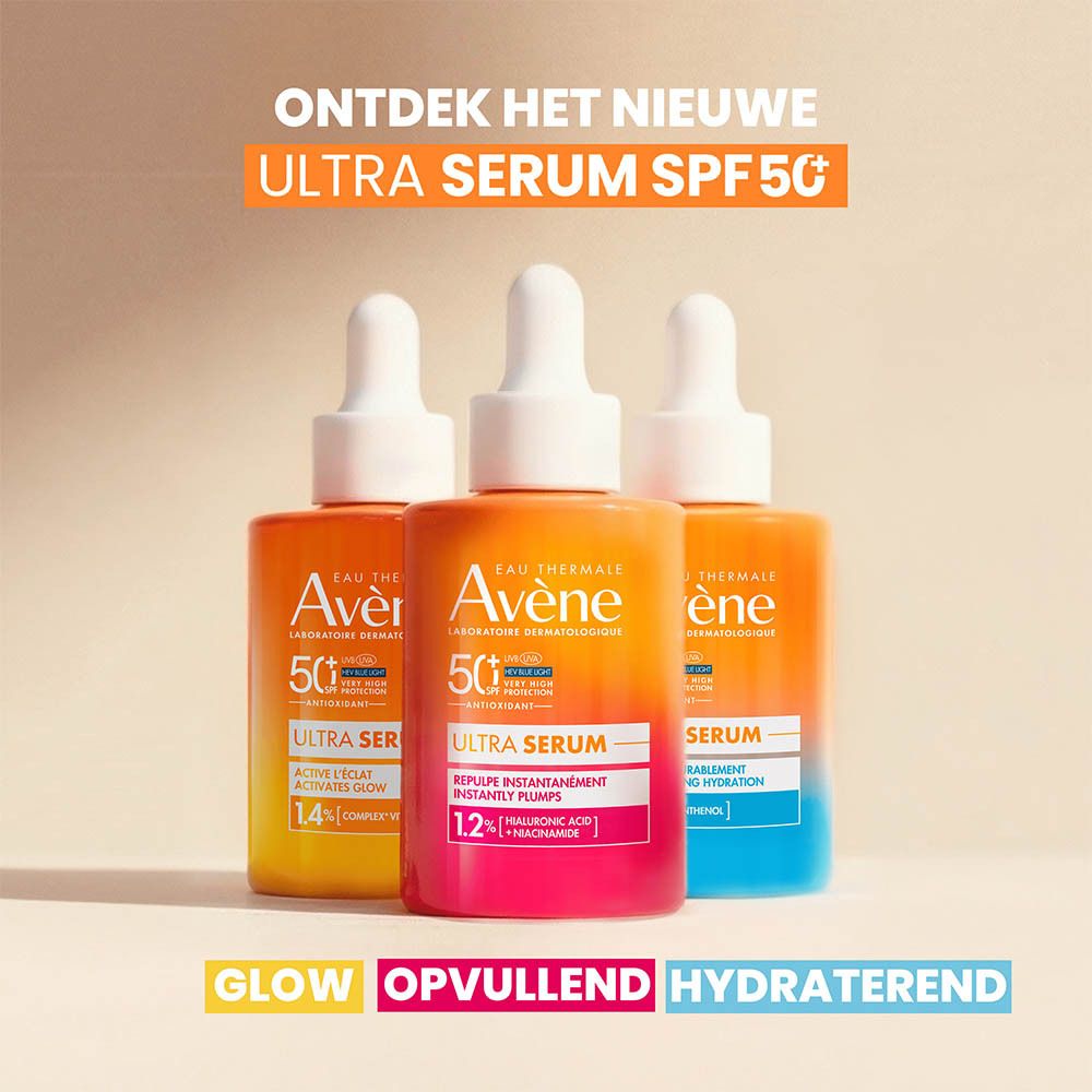 Drie flesjes Avène Solaire Ultra Serum SPF50+. Verschillende kleuren.