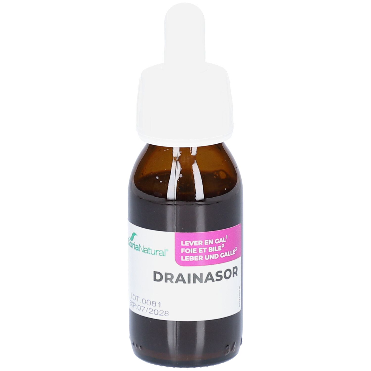 Flacon en verre brun avec bouchon blanc et compte-gouttes. Étiquette avec texte. Drainasor.