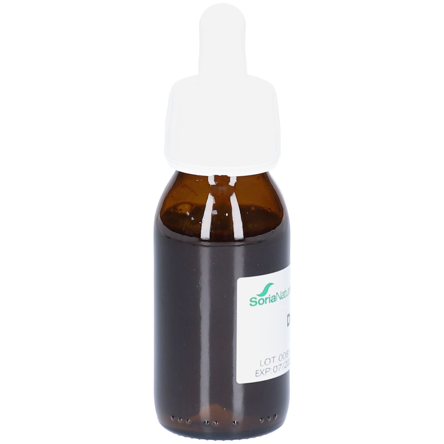 Flacon en verre brun avec bouchon blanc et compte-gouttes. Étiquette avec texte. Drainasor.