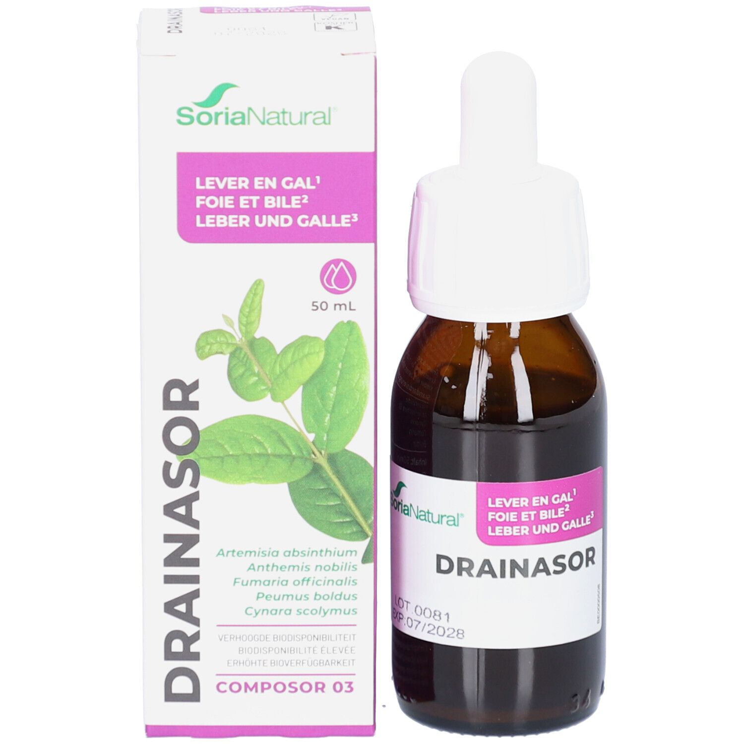 Flacon en verre brun avec bouchon blanc et compte-gouttes. Boîte avec produit et texte. Drainasor.