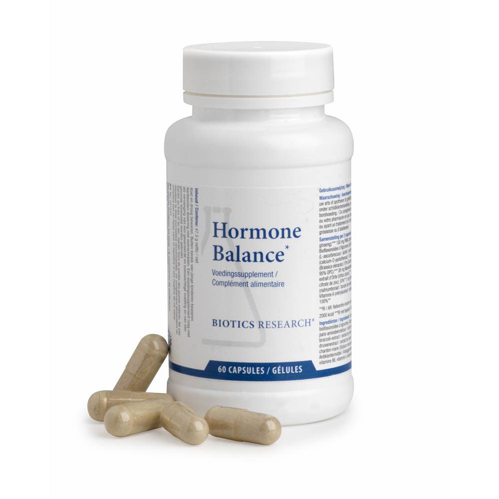 Witte fles met 'Hormone Balance' en 'Biotics Research'. 60 capsules. Enkele capsules ernaast.