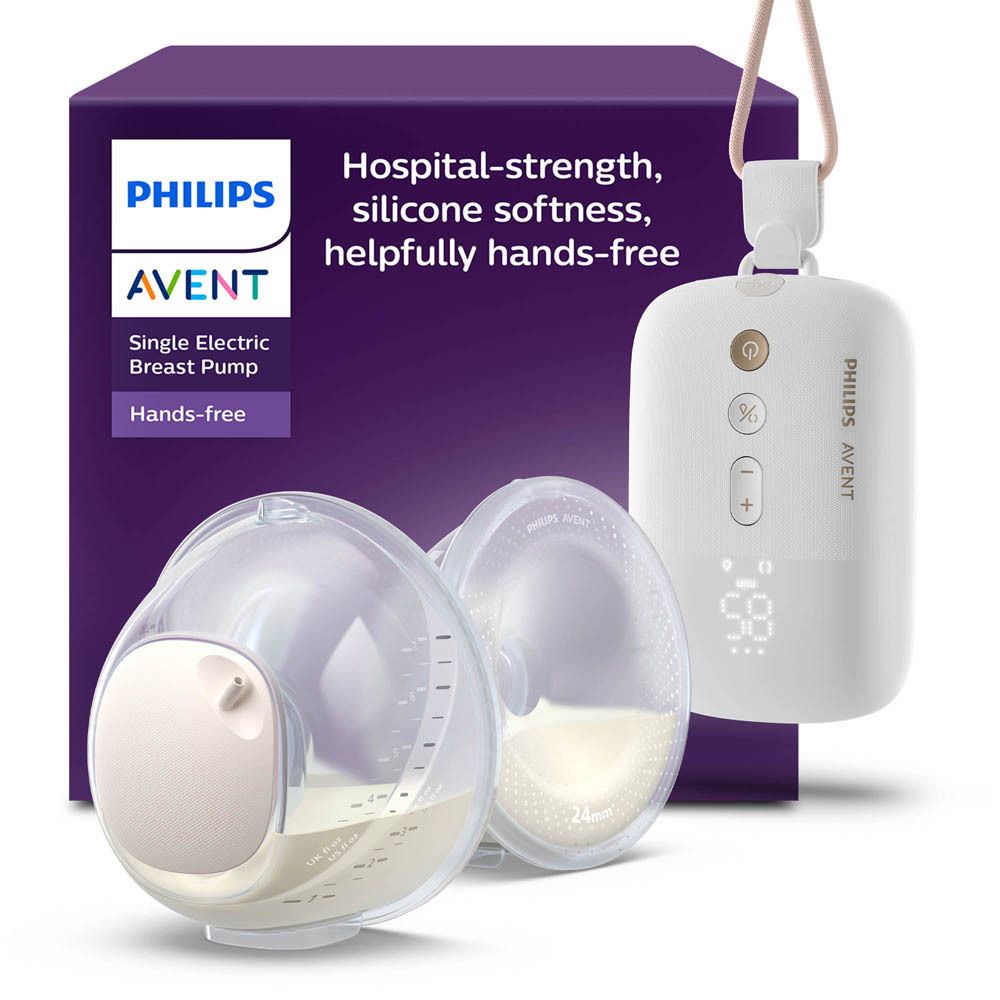 Philips AVENT tire-lait simple, mains libres. Appareil blanc avec deux collecteurs. Affichage numérique.