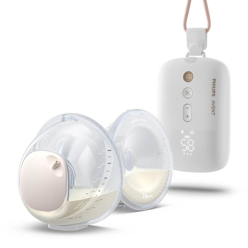 Philips AVENT enkele borstkolf, handsfree. Wit apparaat met twee opvangbakken. Digitale display.