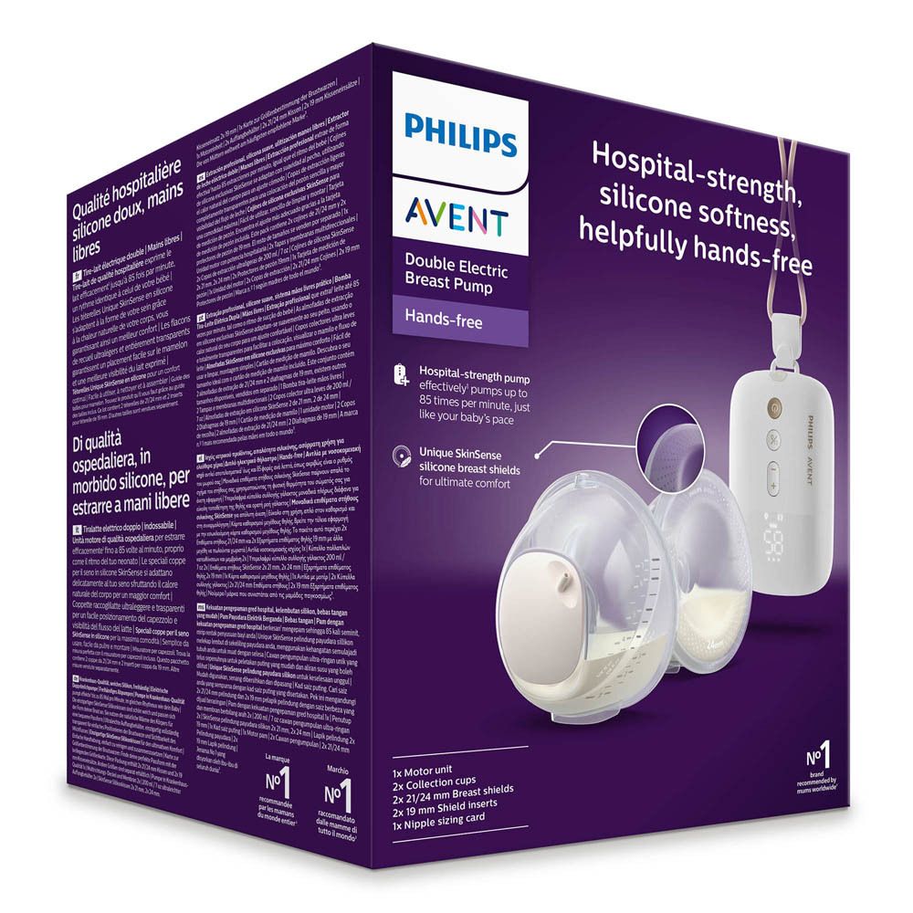 Verpakking Philips AVENT dubbele borstkolf. Bevat borstkolfcomponenten en productafbeelding. Handsfree.
