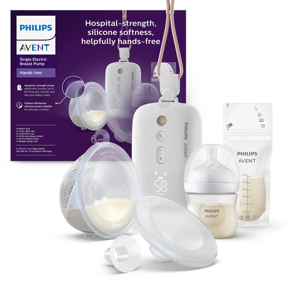 Philips AVENT Single Electric Breast Pump. Productillustratie met pomp, flessen en accessoires.