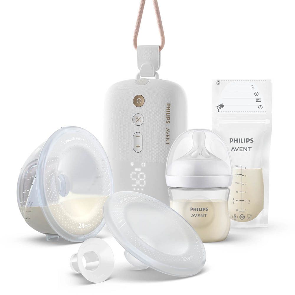 Philips AVENT Single Electric Breast Pump. Productillustratie met pomp, flessen en accessoires.