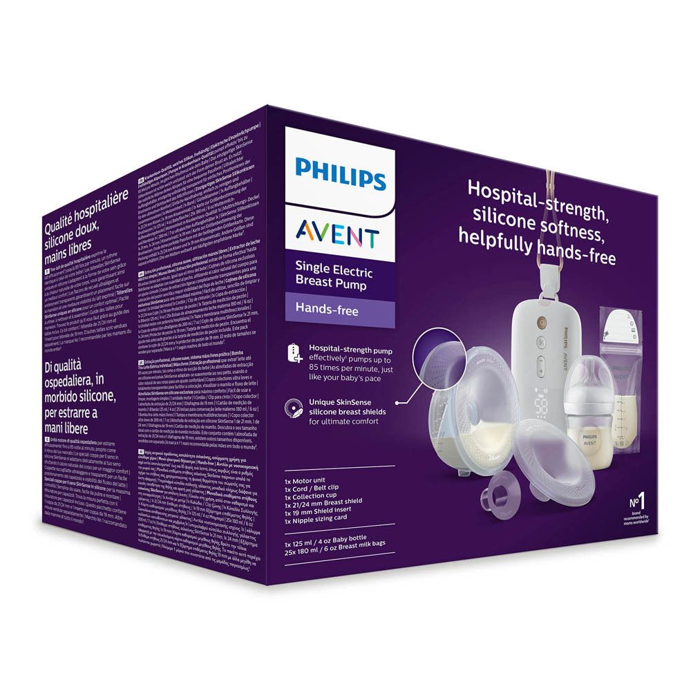 Philips AVENT Single Electric Breast Pump. Verpakking met productillustratie. Pomp, flessen en accessoires.