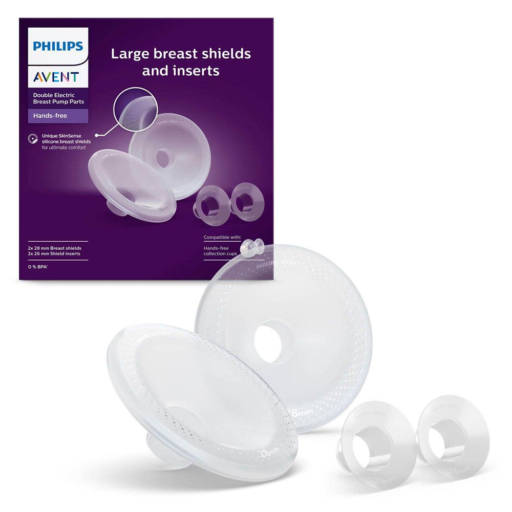 Philips Avent verpakking. Grote borstschilden en inzetstukken. Handsfree. Paarse doos met productafbeelding.