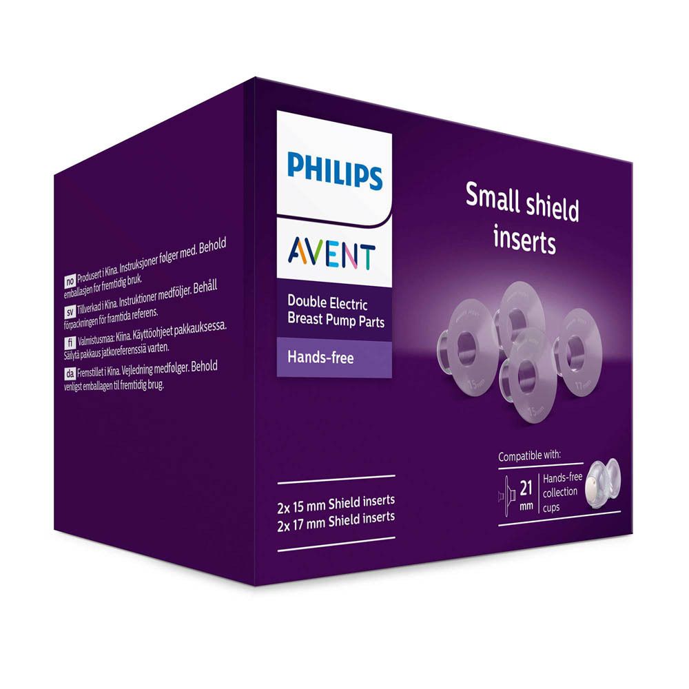 Verpakking Philips Avent borstschildverkleiners. 2x15mm en 2x17mm. Hands-free.