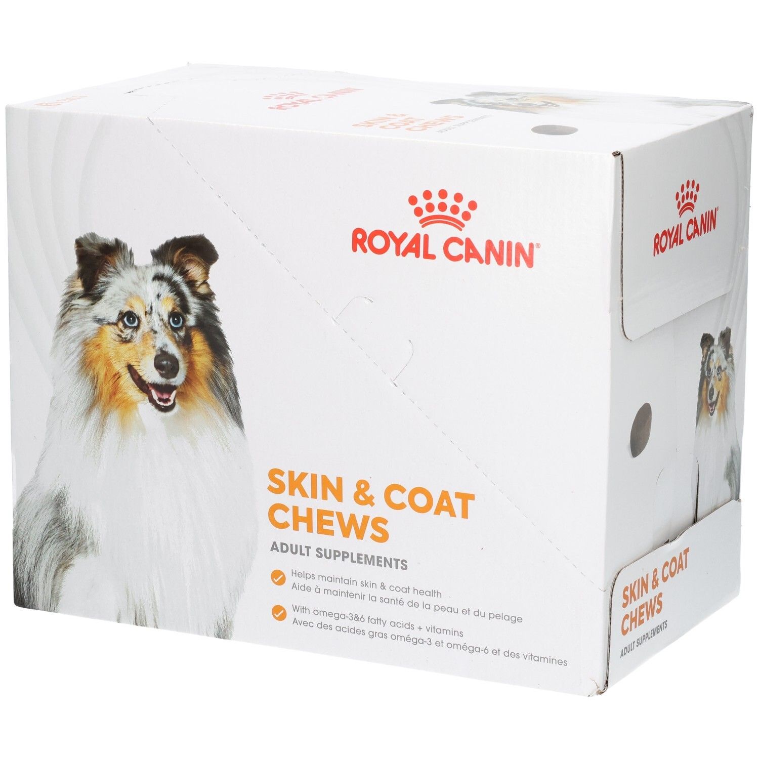 Royal Canin Skin & Coat Chews: Doos met hondenafbeelding en productinformatie.