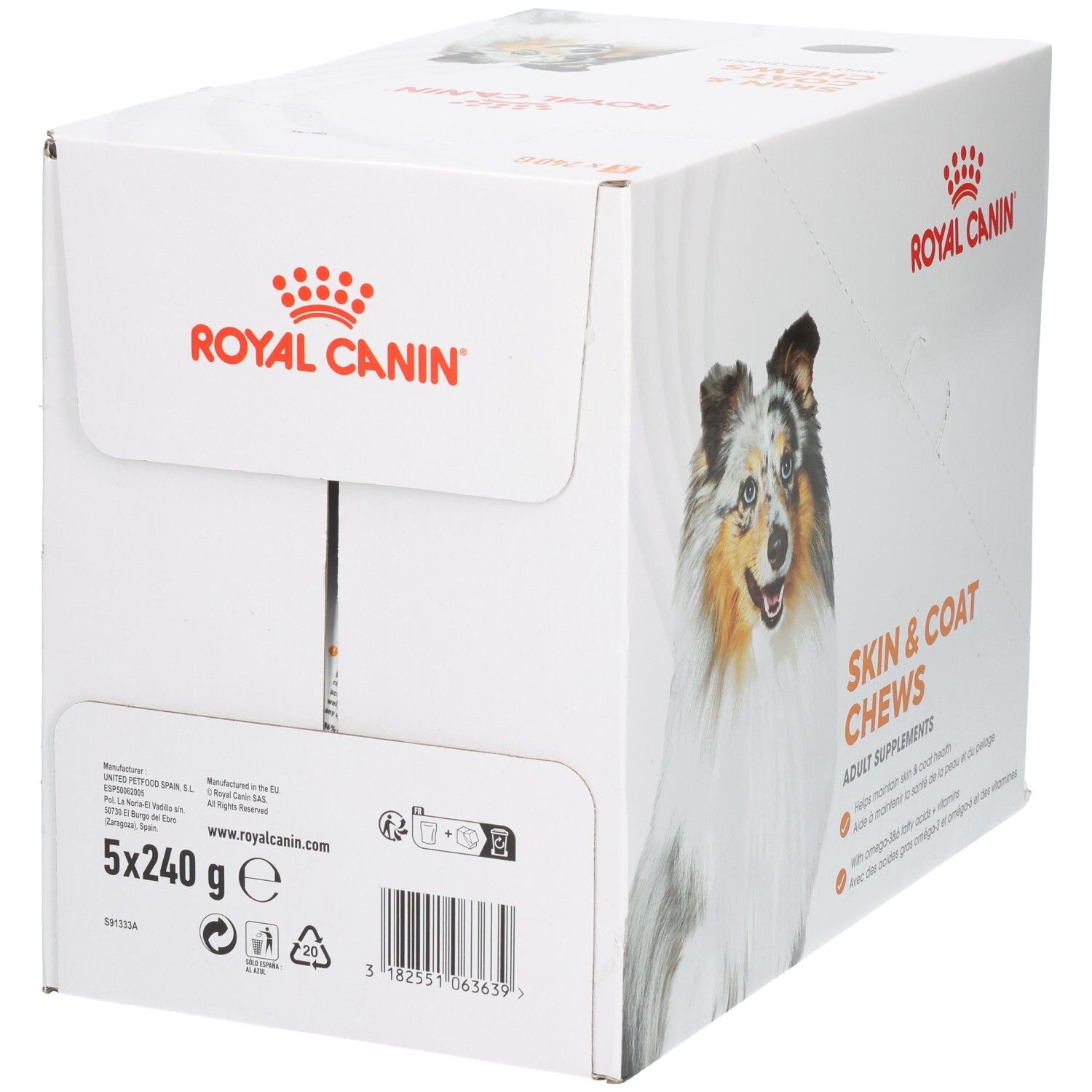 Royal Canin Skin & Coat Chews: Achterkant van de doos met vermelding 5x240g en barcode.