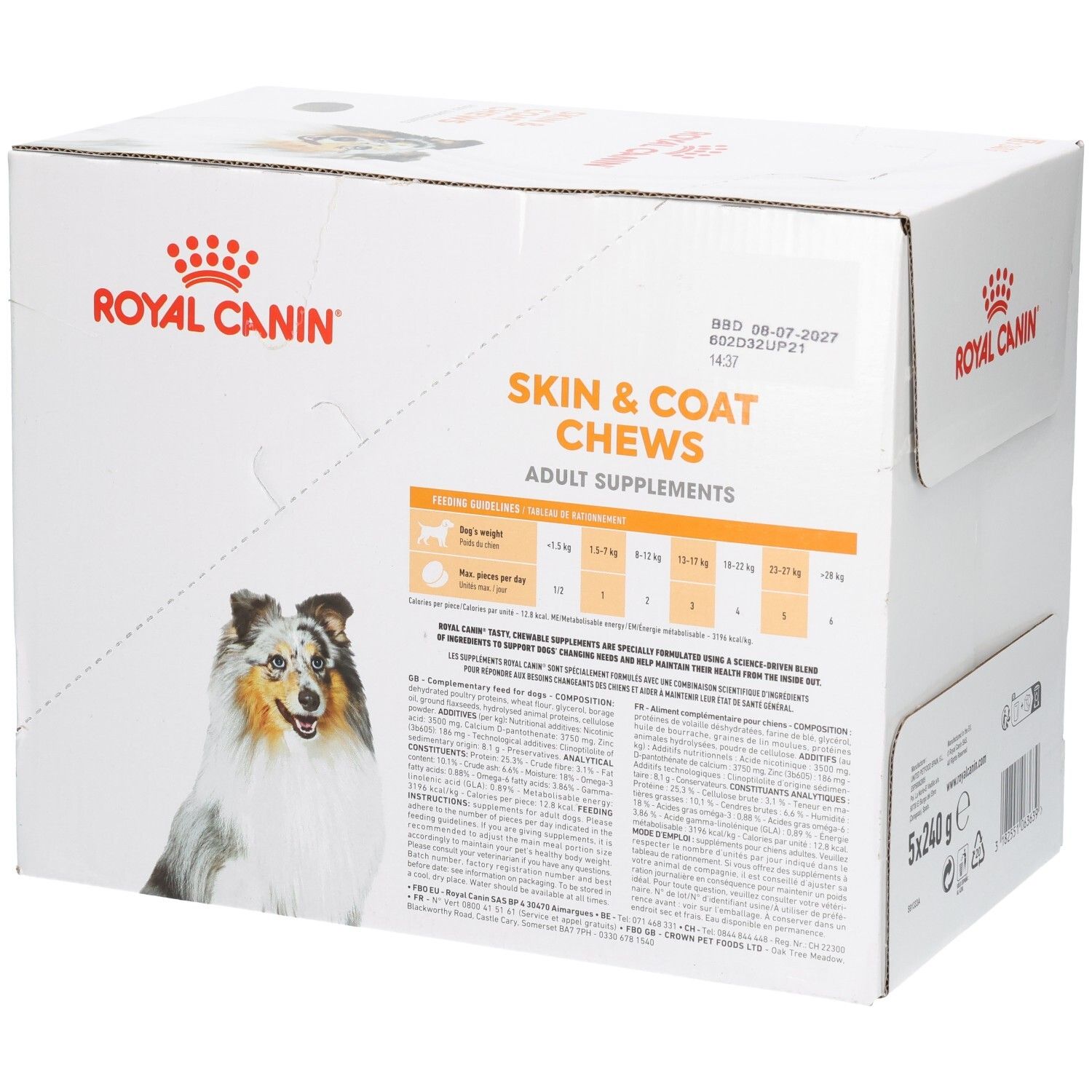 Royal Canin Skin & Coat Chews: Zijaanzicht van de doos met doseringstabel.