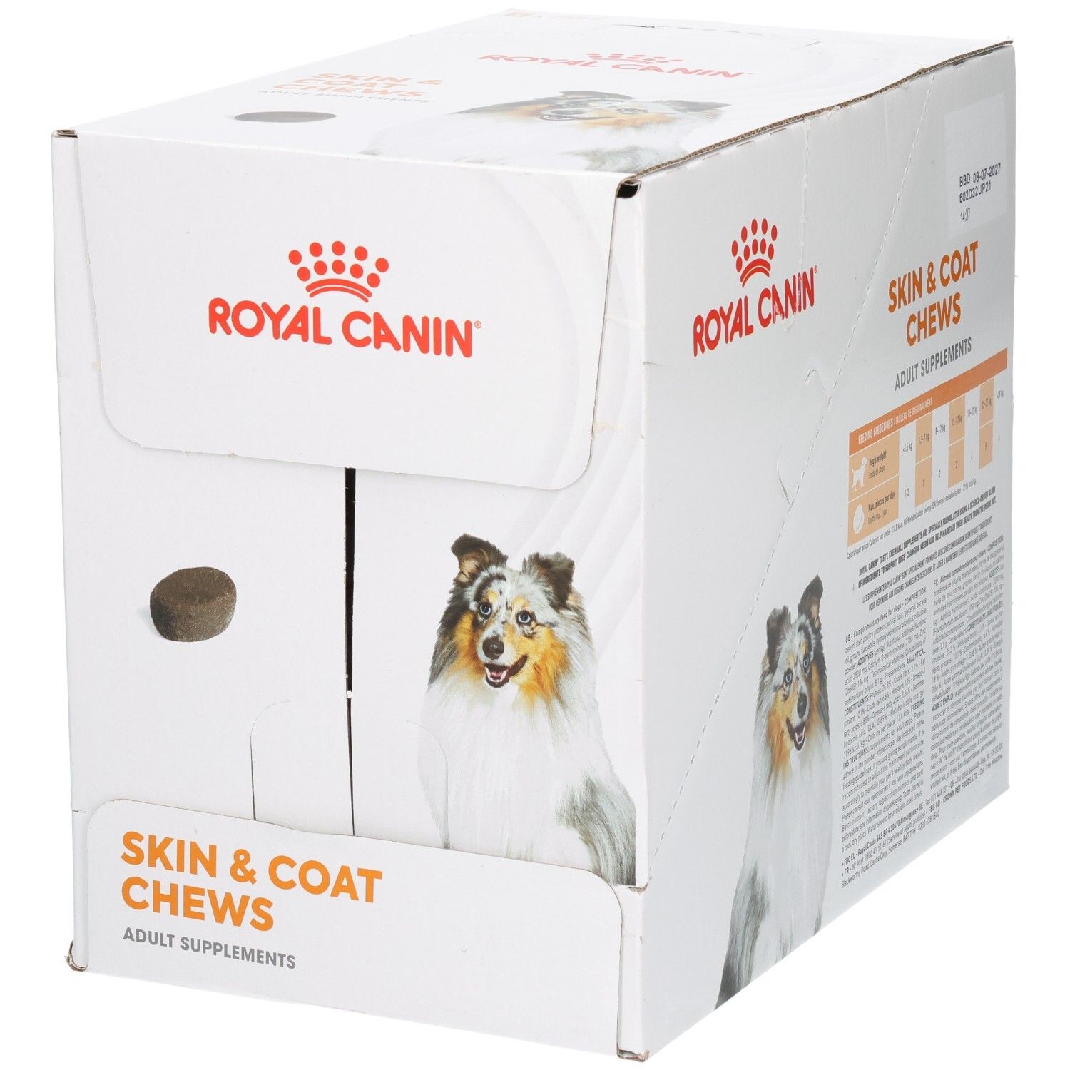 Royal Canin Skin & Coat Chews: Doos met één kauwsnack en hondenafbeelding.