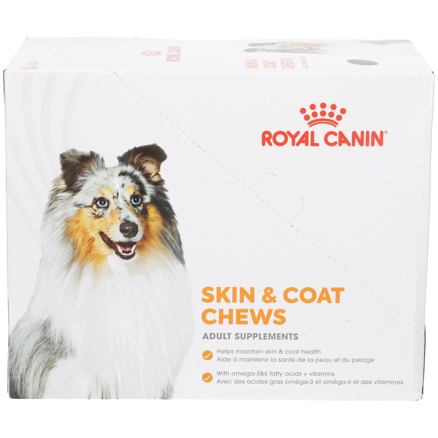 Royal Canin Skin & Coat Chews: Doos met hondenafbeelding en productinformatie.