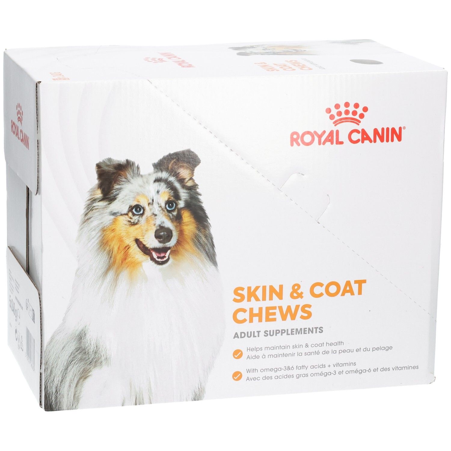 Royal Canin Skin & Coat Chews: Doos met hondenafbeelding en productinformatie.
