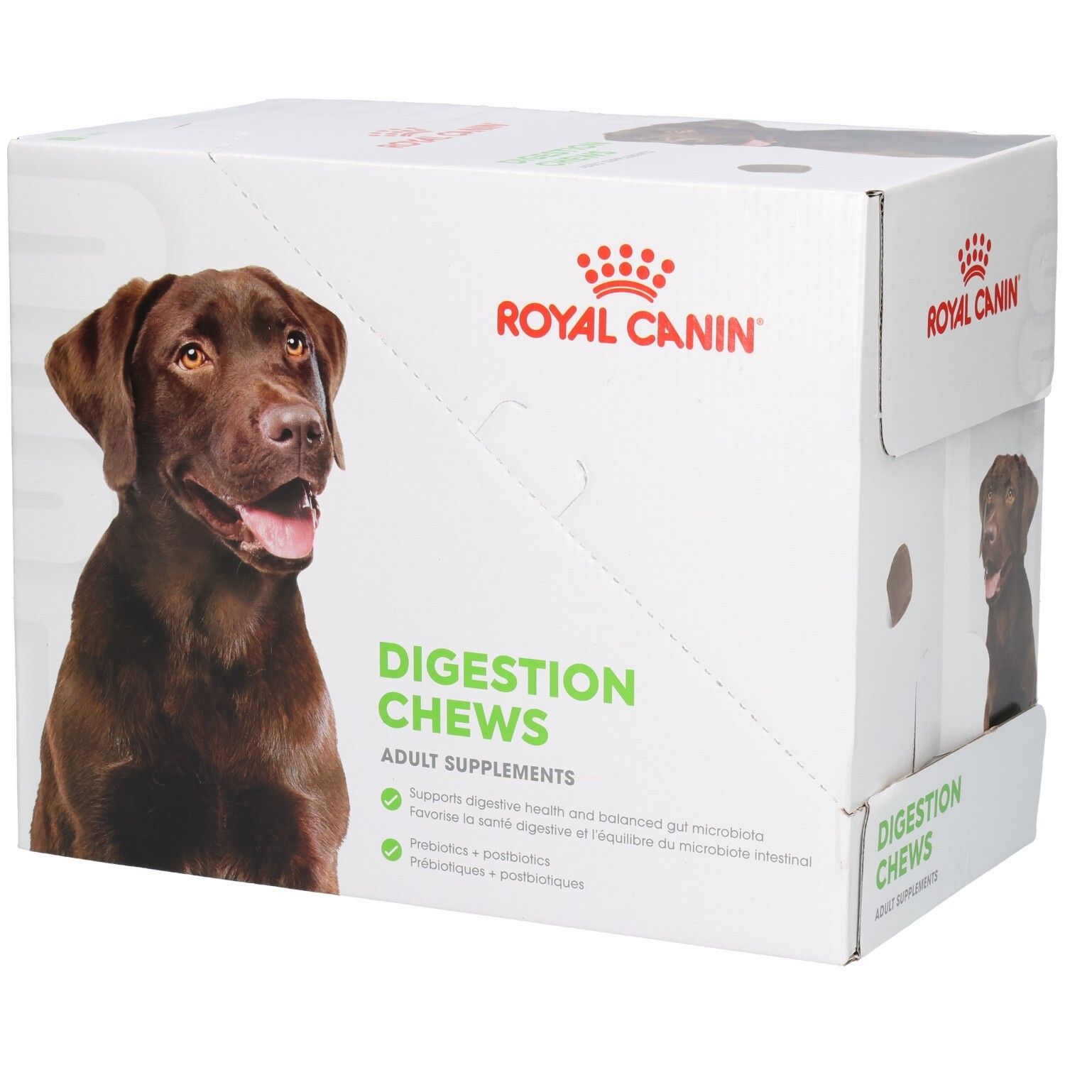 Royal Canin spijsverteringssnoepjes voor honden, kartonnen doos met hondenafbeelding.