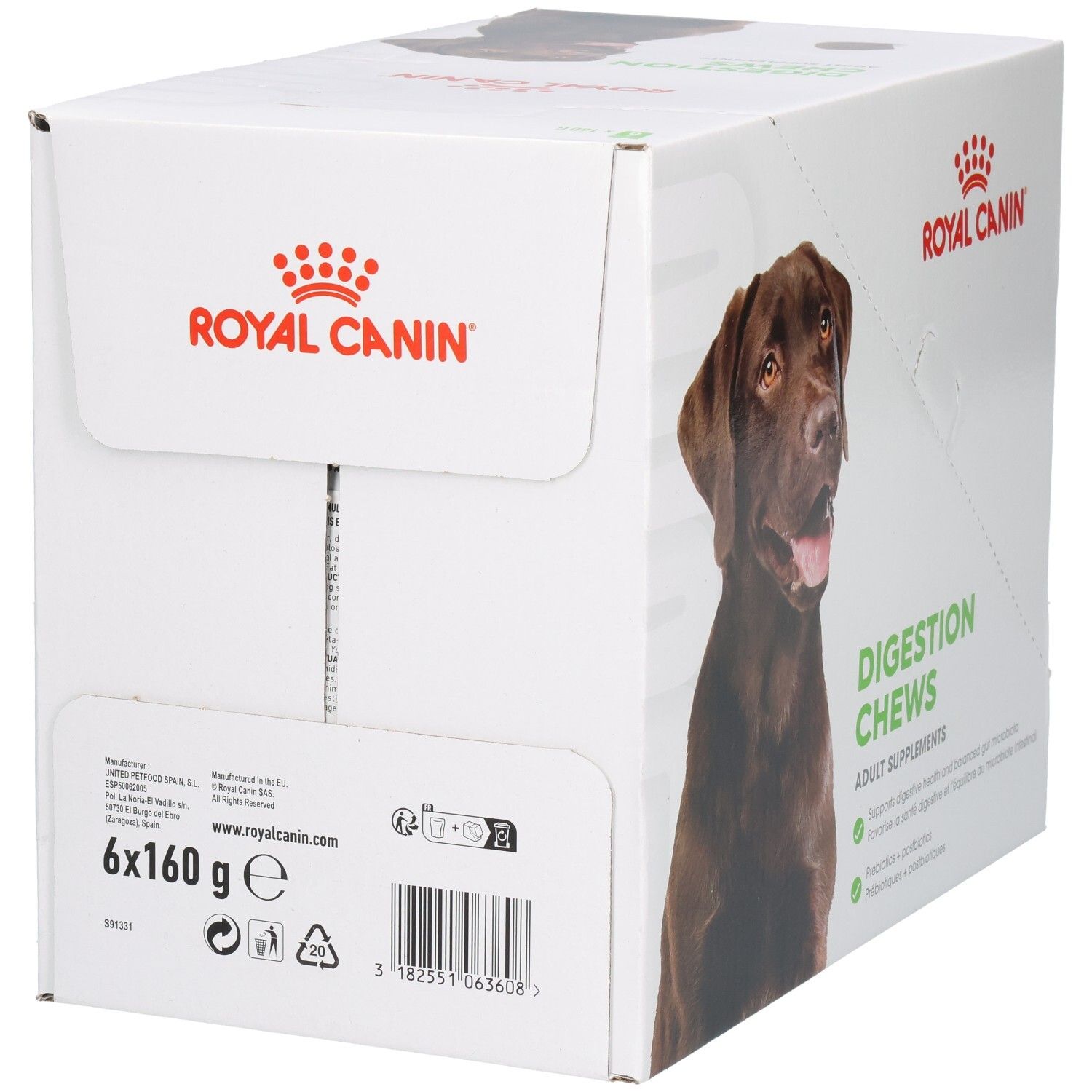 Royal Canin spijsverteringssnoepjes voor honden, achterkant van de kartonnen doos met productinformatie.