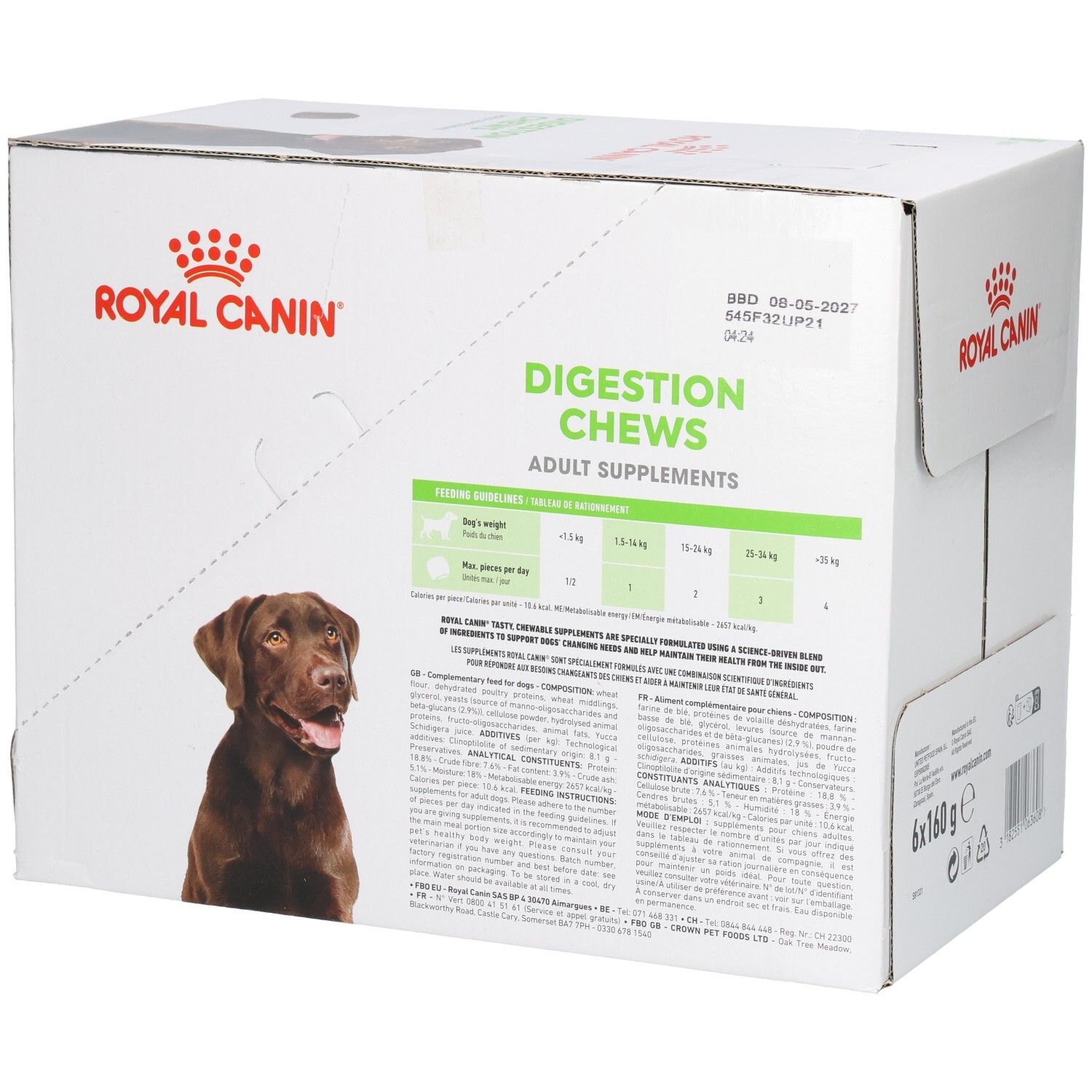 Royal Canin spijsverteringssnoepjes voor honden, kartonnen doos met productinformatie en hondenafbeelding.