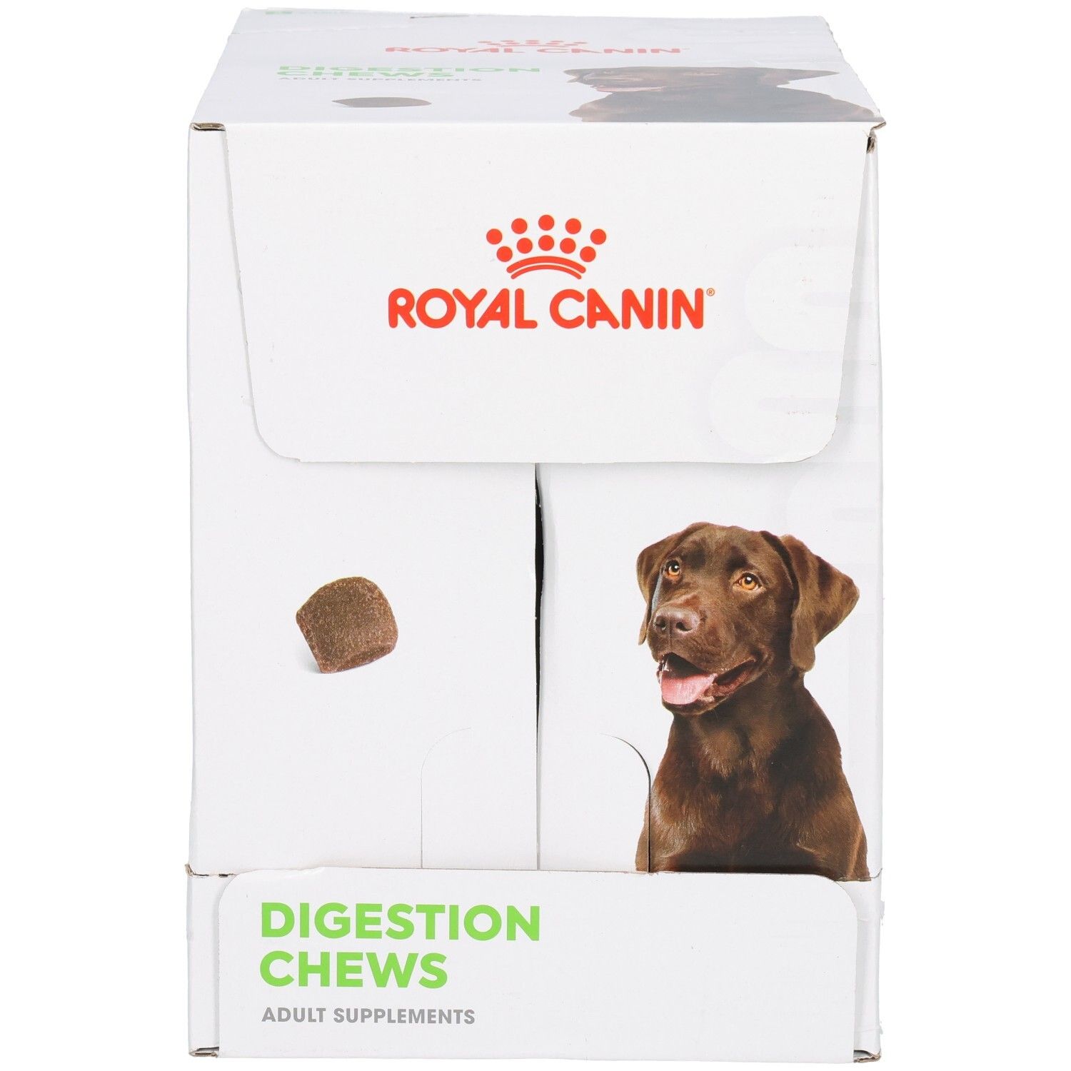 Royal Canin spijsverteringssnoepjes voor honden, kartonnen doos met hondenafbeelding en één snoepje.
