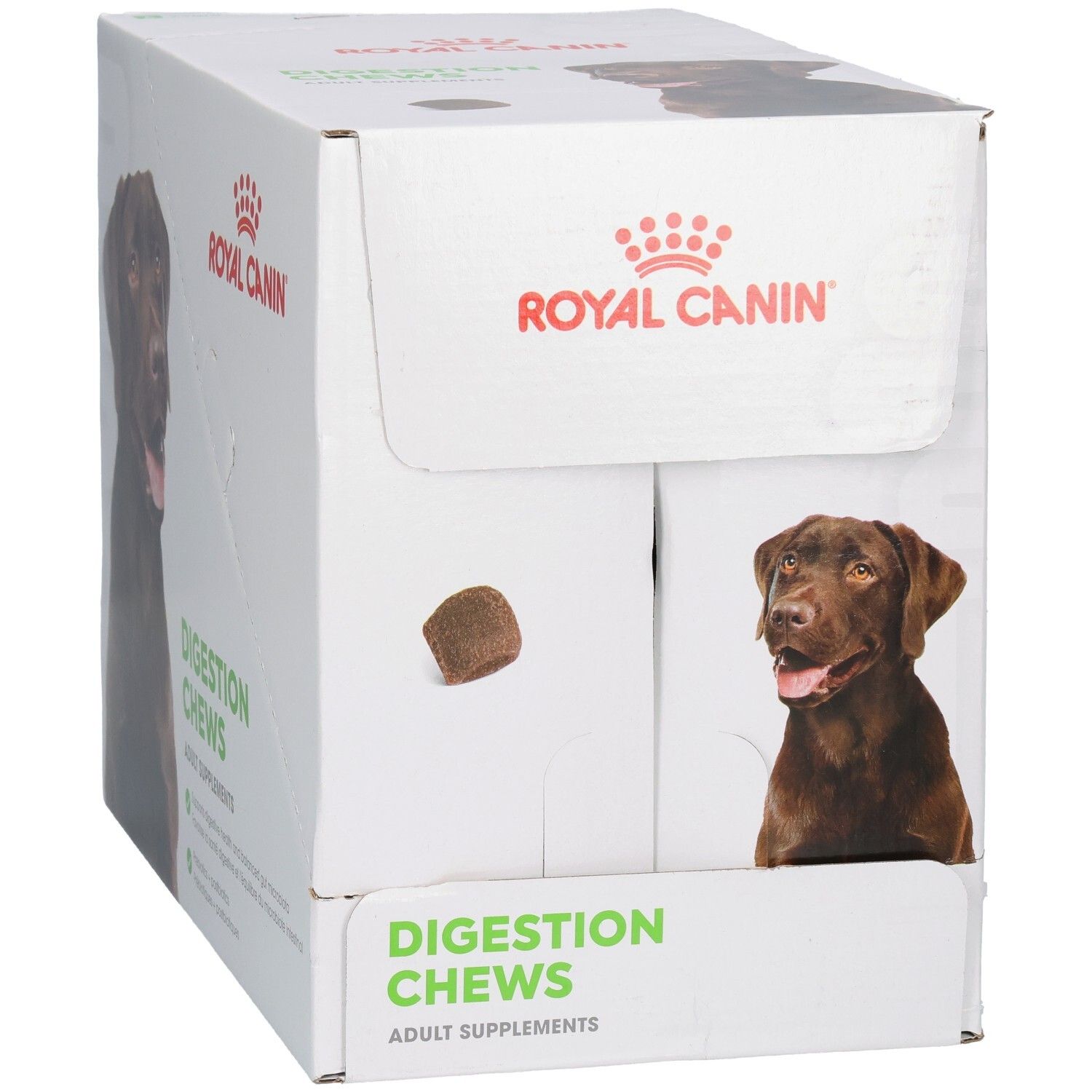 Royal Canin spijsverteringssnoepjes voor honden, kartonnen doos met hondenafbeelding en één snoepje.