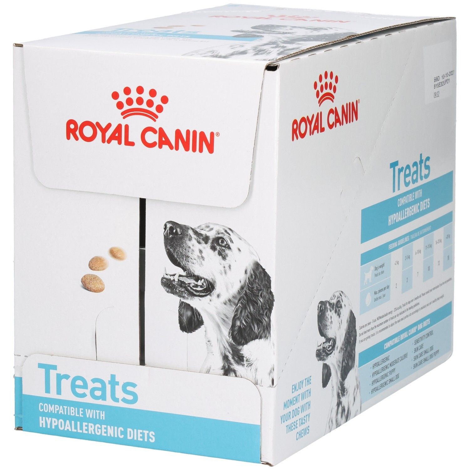 Royal Canin VET-D Treats Hypo doos met hondenafbeeldingen en productinformatie.