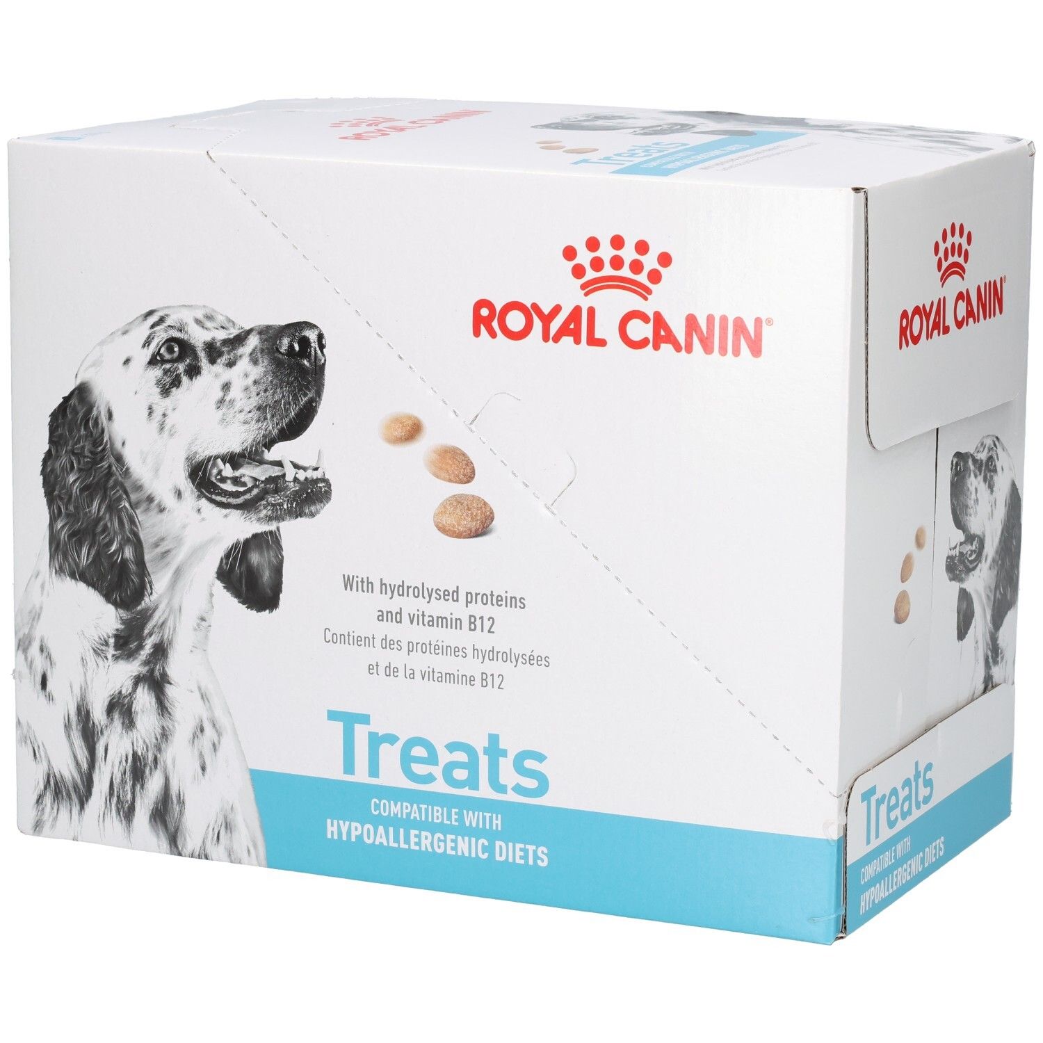 Royal Canin VET-D Treats Hypo doos, voorkant met hond en weergave van brokjes.
