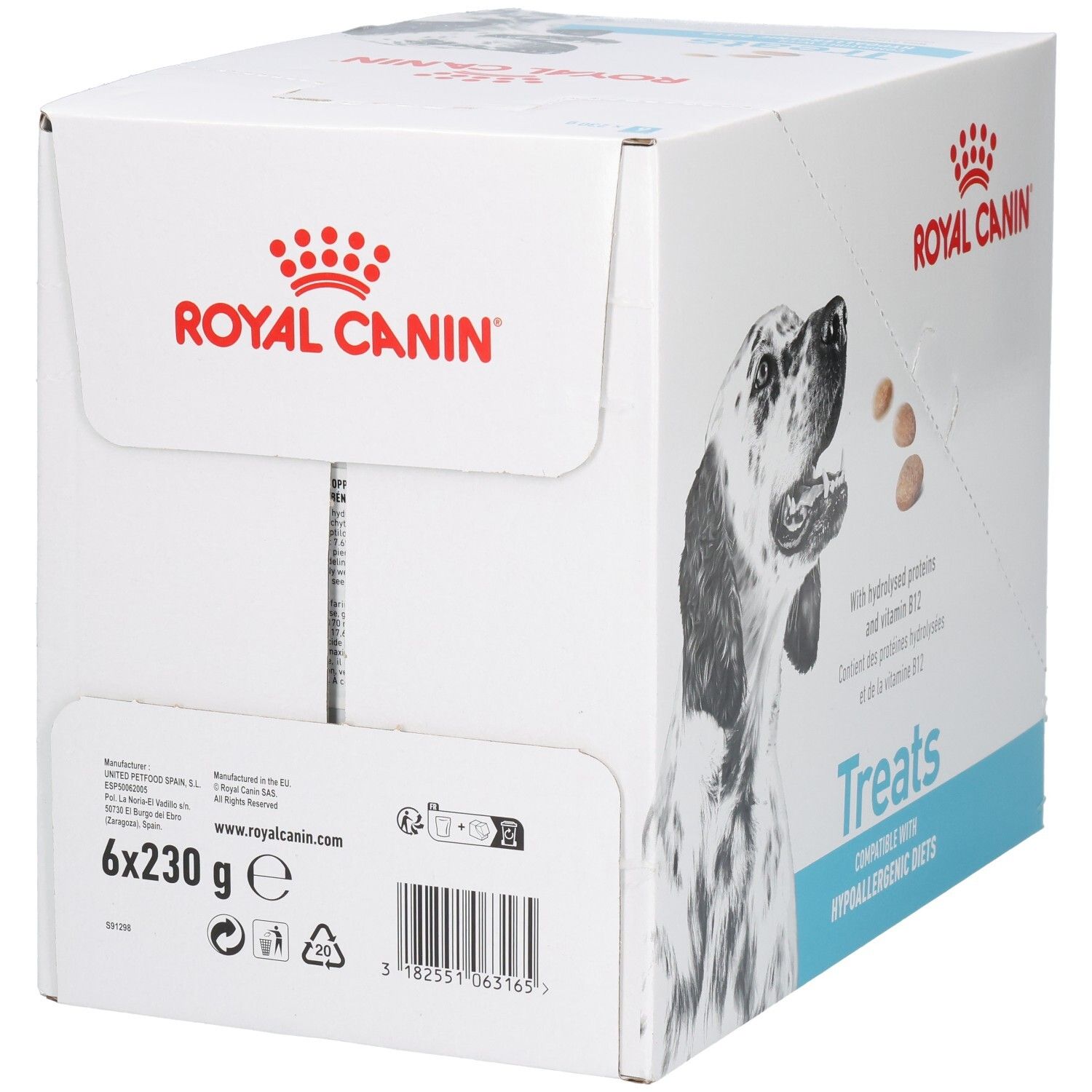 Royal Canin VET-D Treats Hypo doos, achterkant met productinformatie en barcode.