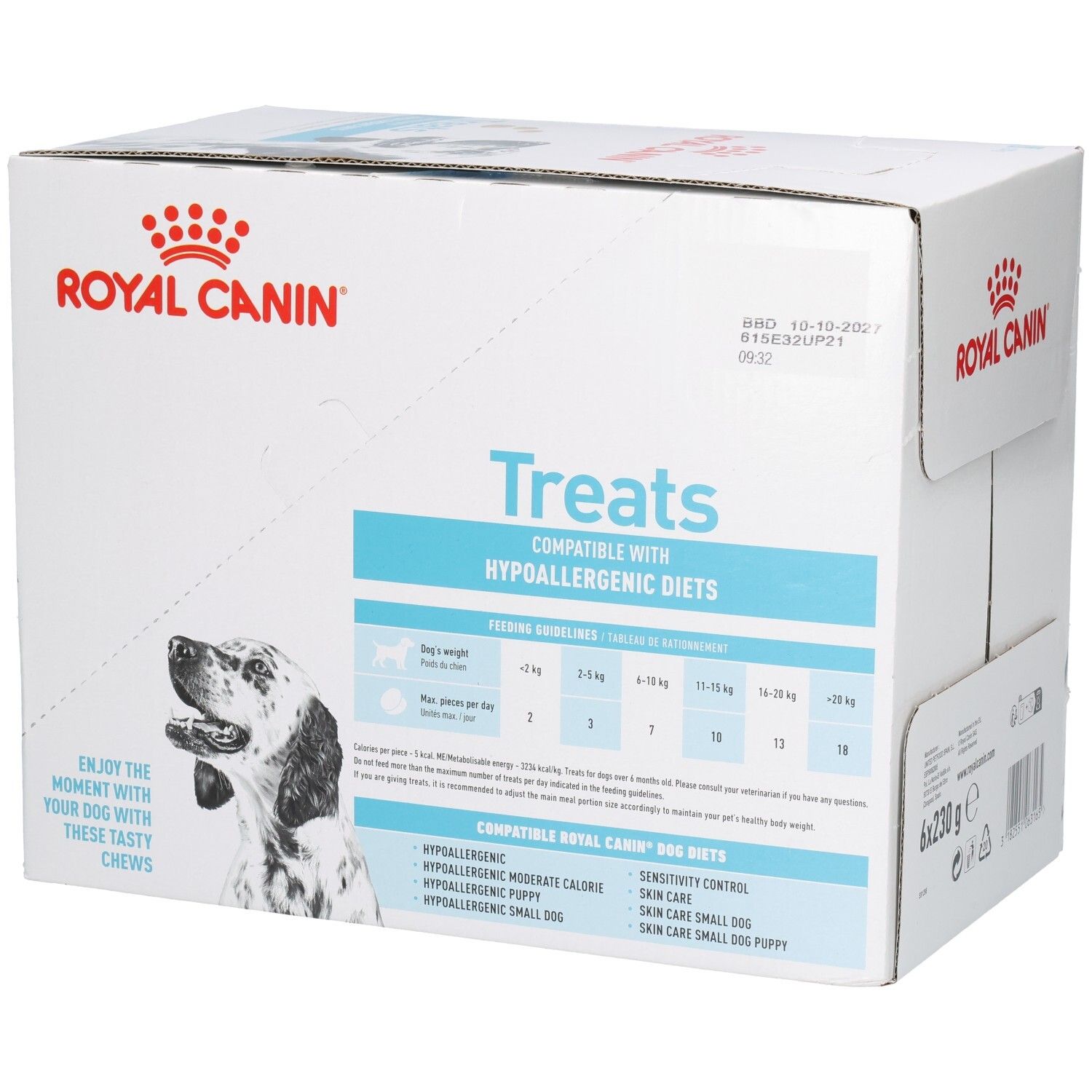 Royal Canin VET-D Treats Hypo doos, zijkant met voeradvies en productvoordelen.