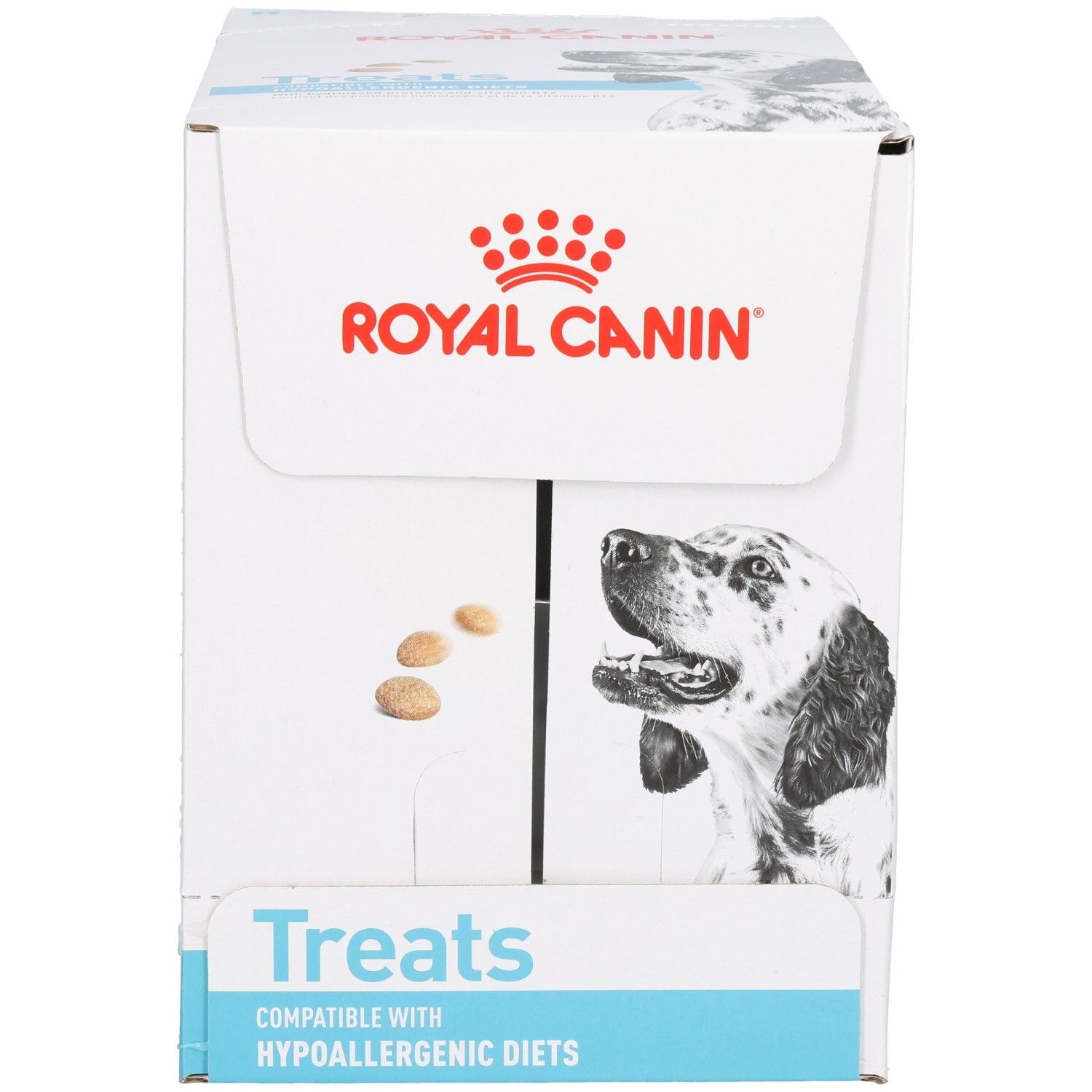 Royal Canin VET-D Treats Hypo doos, voorkant met hond en weergave van brokjes.