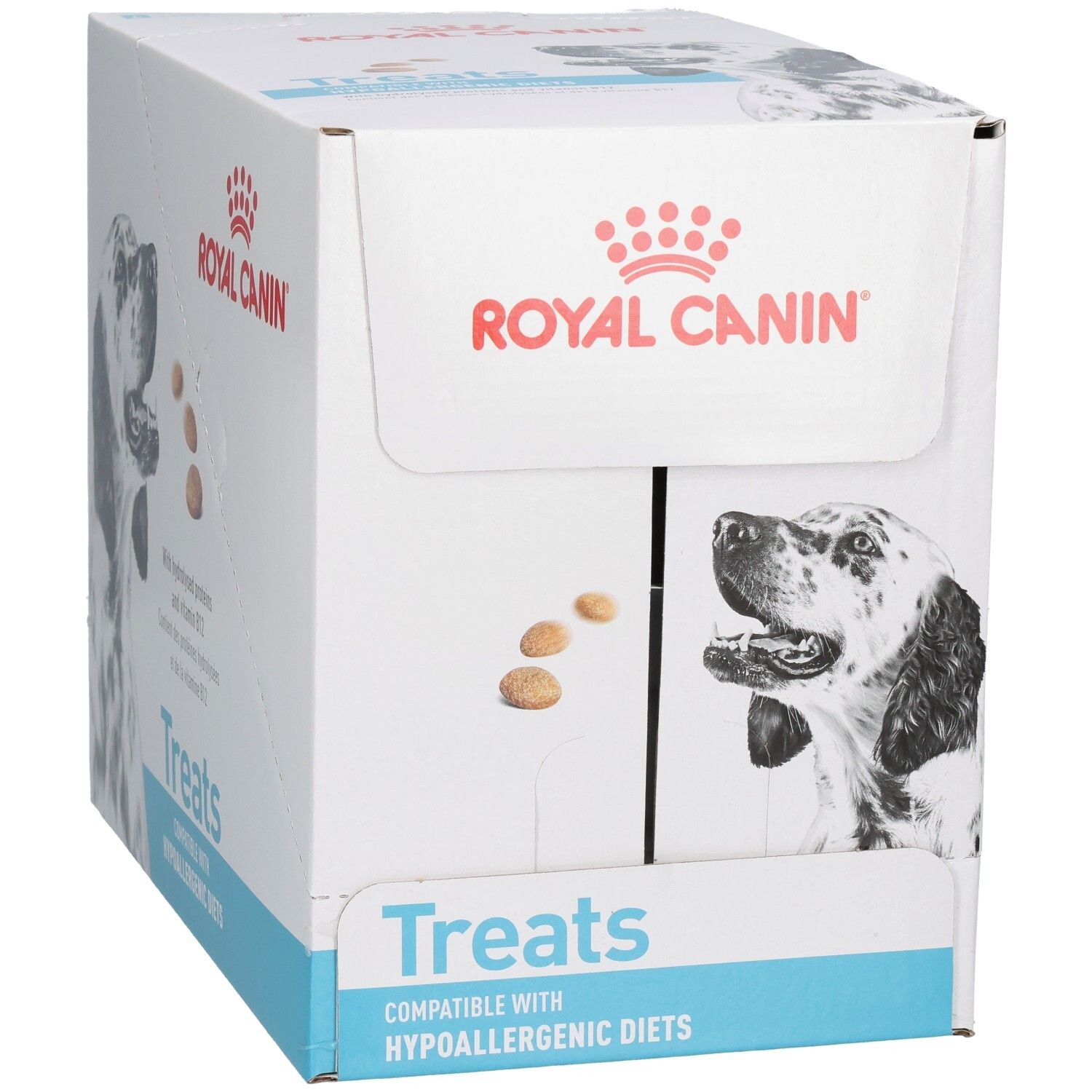 Royal Canin VET-D Treats Hypo doos, voorkant met hond en weergave van brokjes.