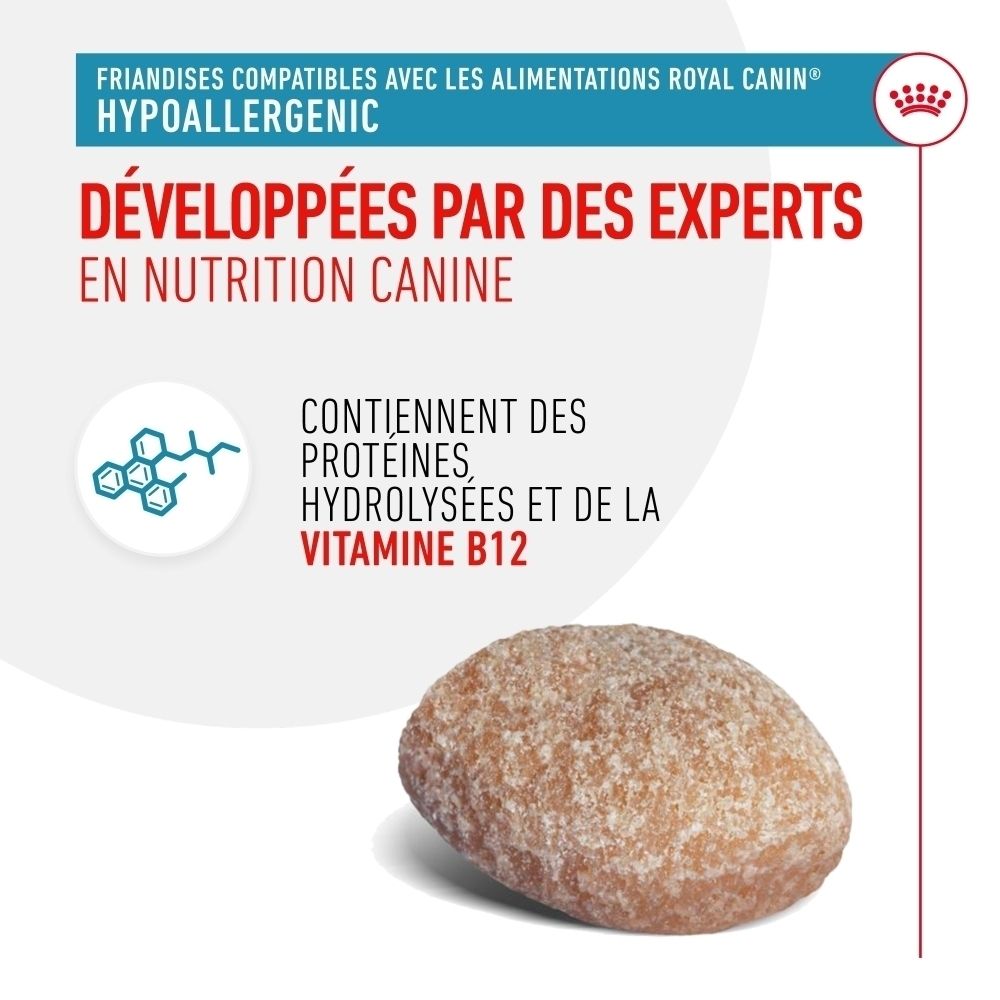 Friandise hypoallergénique pour chien, développée par des experts en nutrition canine. Contient des protéines hydrolysées et de la vitamine B12.