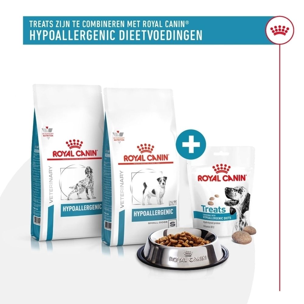 Royal Canin Hypoallergeen hondenvoer en traktaties in bakjes en zakjes.