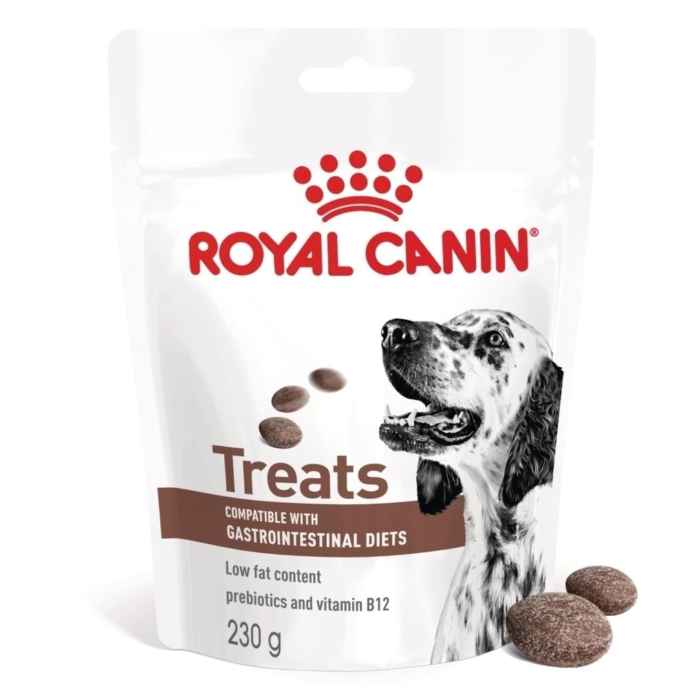 Friandises Royal Canin pour chiens, sachet de 230g. Compatibles avec les régimes gastro-intestinaux, faible teneur en matières grasses, prébiotiques et vitamine B12.