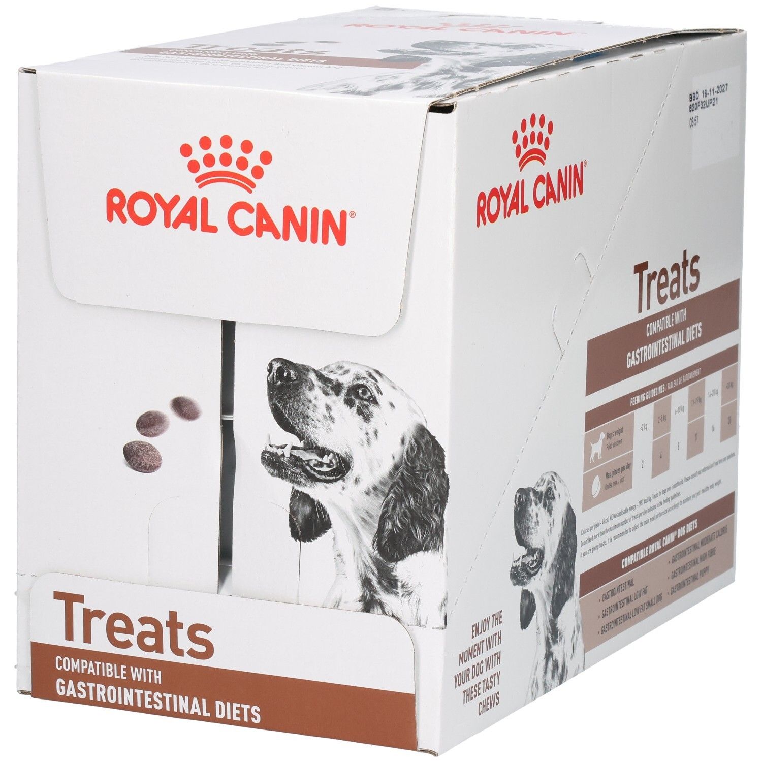 Royal Canin Treats doos met hondenafbeelding en productinformatie.